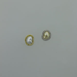 Mismatched White and Champagne Keshi and Diamond Halo Stud Earrings