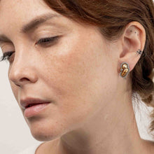 Load image into Gallery viewer, Mismatched Gold and White Keshi Diamond Halo Bezel Earrings
