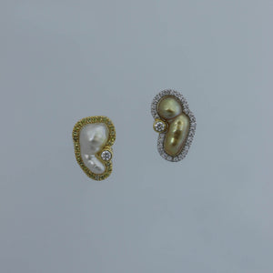 Mismatched Gold and White Keshi Diamond Halo Bezel Earrings