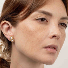 Load image into Gallery viewer, Mismatched Gold and White Keshi Diamond Halo Bezel Earrings
