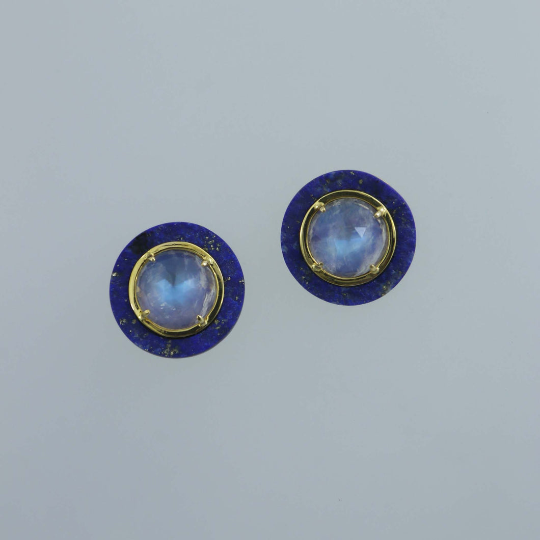 Rare Faceted Blue Moonstone Cabochon and Lapis Earrings
