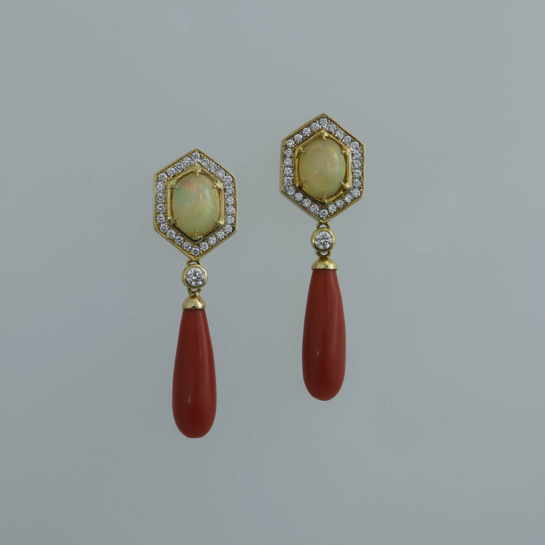 Opal Hex Earrings with Sardinian Coral Drops