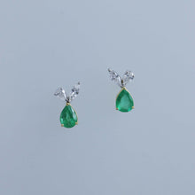 Load image into Gallery viewer, Pear Zambian Emerald and Diamond Leaf Earrings
