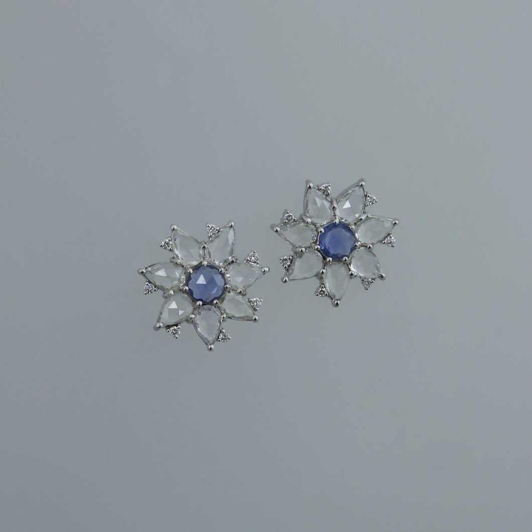 Rose Cut White and Blue Sapphire Star Earrings