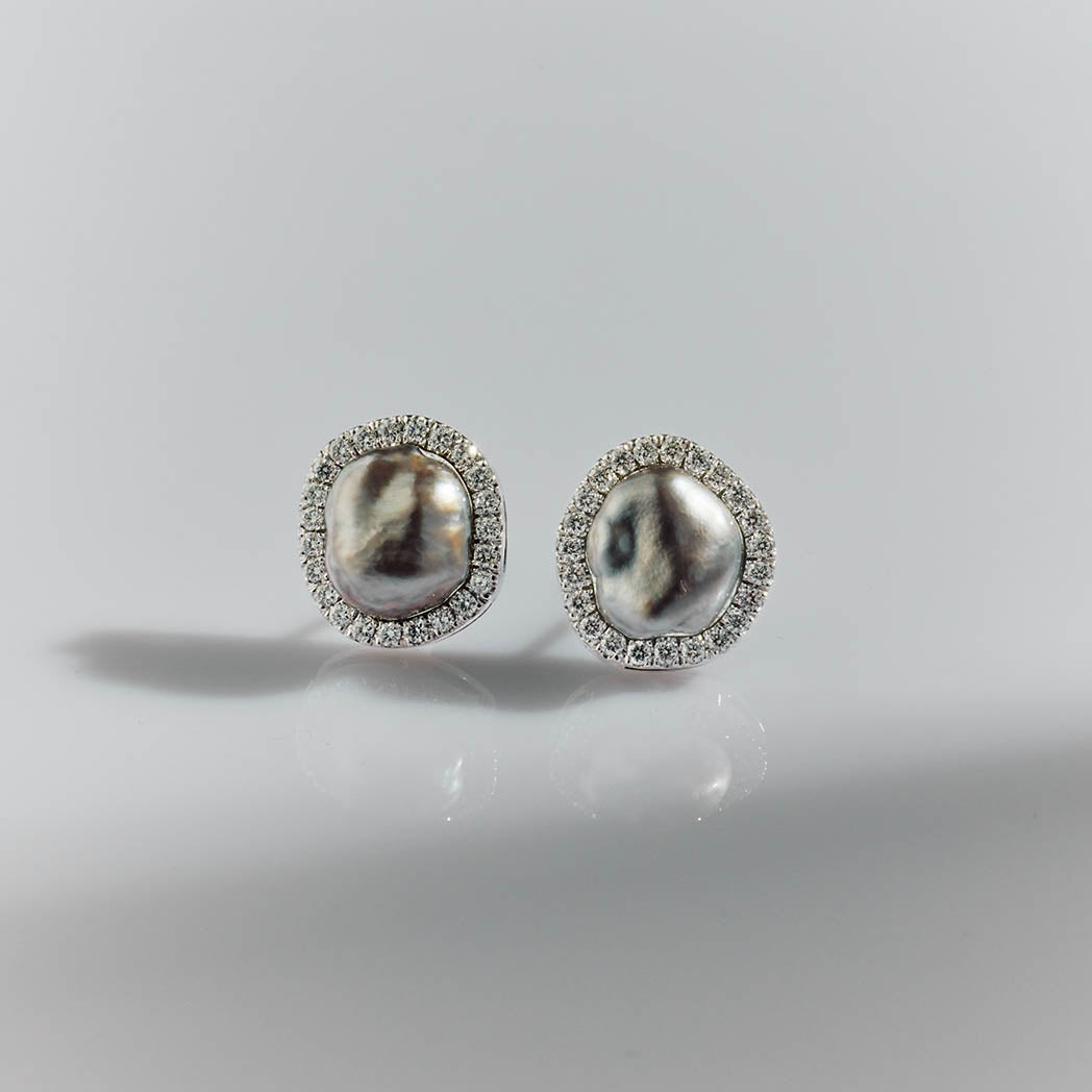 Silvery Tahitian Keshi Halo Earrings