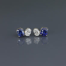 Load image into Gallery viewer, Royal Blue Sapphire Cushion and Oval Diamond Toi et Moi Earrings
