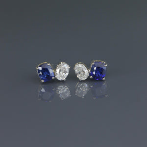 Royal Blue Sapphire Cushion and Oval Diamond Toi et Moi Earrings