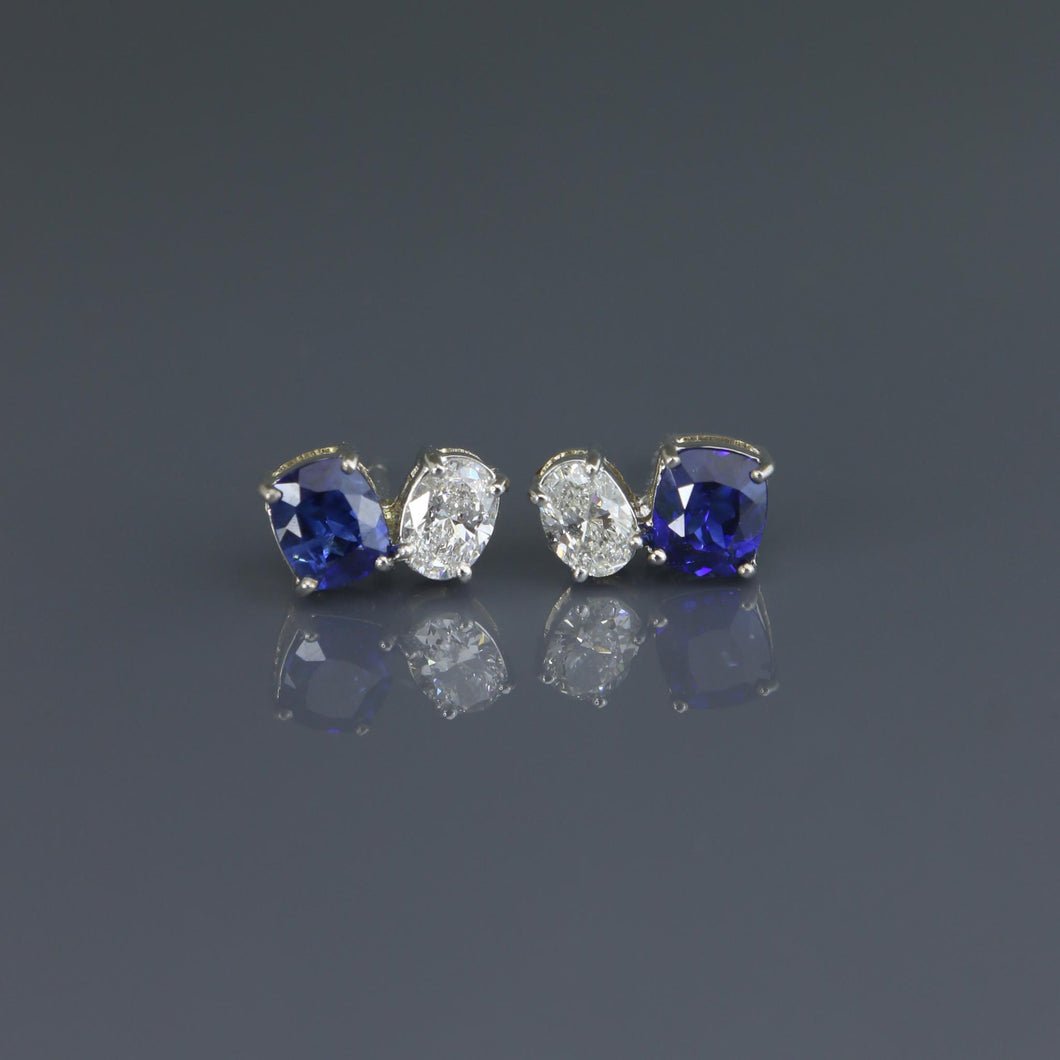 Royal Blue Sapphire Cushion and Oval Diamond Toi et Moi Earrings