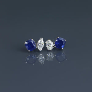 Royal Blue Sapphire Cushion and Mismatched Diamond Toi et Moi