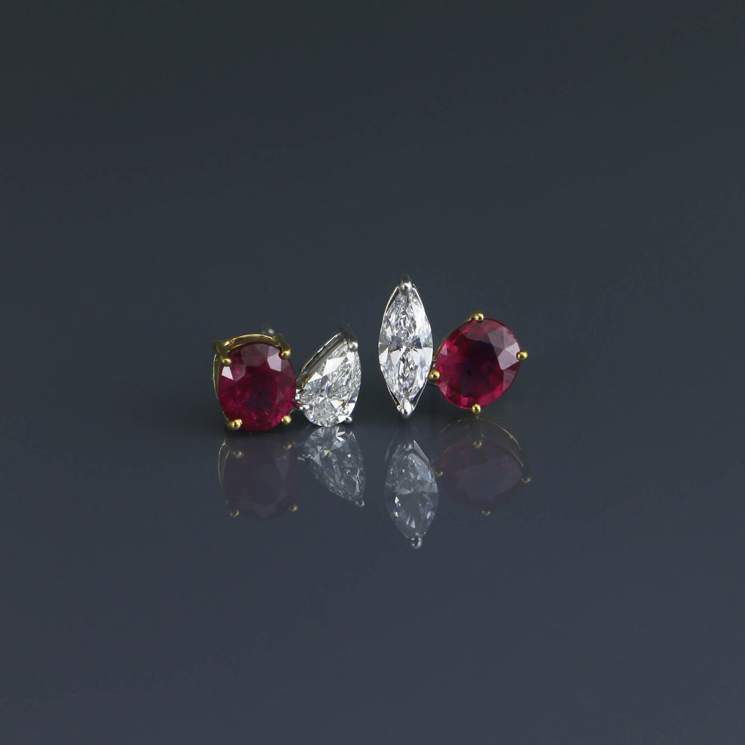 Burmese Ruby Oval and Mismatched Diamond Toi et Moi Earrings