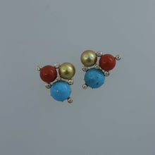 Load image into Gallery viewer, Golden South Sea Pearl, Coral and Persian Turquoise Deco Trio Earrings

