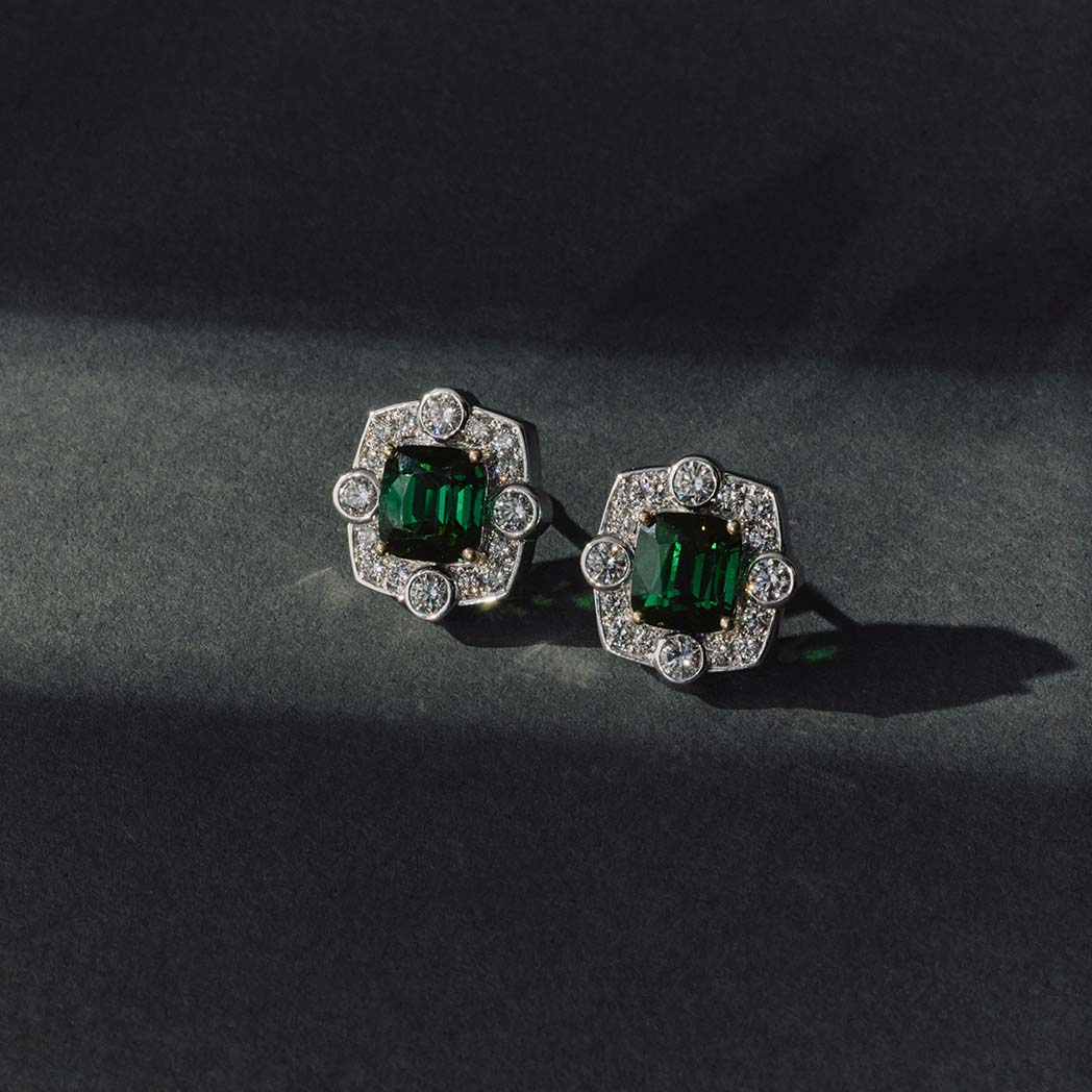 Verdelite Tourmaline Cushion Deco Earrings