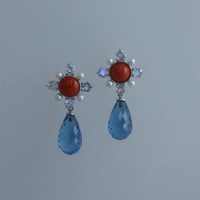 Load image into Gallery viewer, Sardinian Coral, Moonstone and Topaz Briolette Earrings
