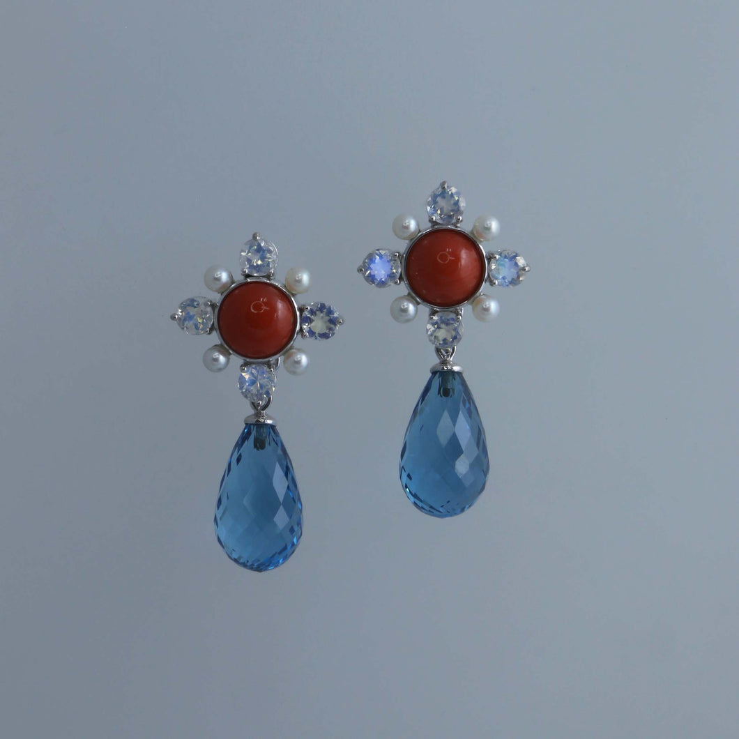 Sardinian Coral, Moonstone and Topaz Briolette Earrings