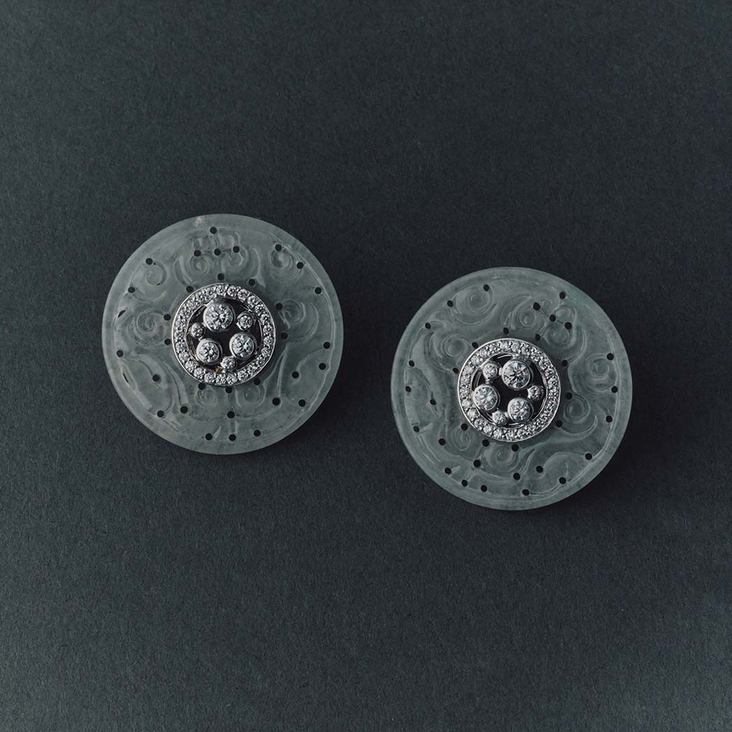 White Jadeite Diamond Disc Earrings