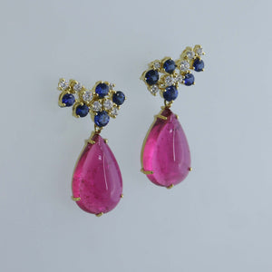 Ceylon Sapphire and Diamond Ear Crawlers with Rubellite Cabochon Drops
