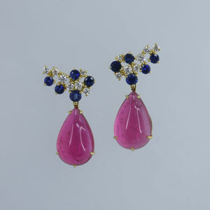 Ceylon Sapphire and Diamond Ear Crawlers with Rubellite Cabochon Drops