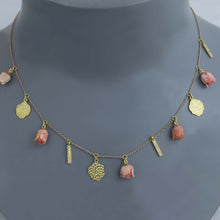 Load image into Gallery viewer, Coral Flower, Diamond Bar and Hammered Gold Charm Necklace
