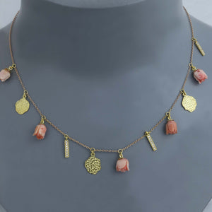 Coral Flower, Diamond Bar and Hammered Gold Charm Necklace