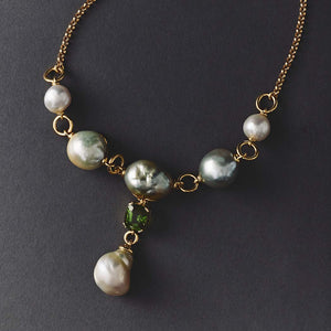 Baroque Champagne and Peridot Drop Chain Necklace