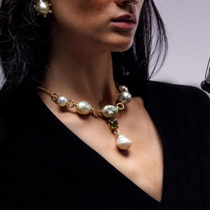 Baroque Champagne and Peridot Drop Chain Necklace