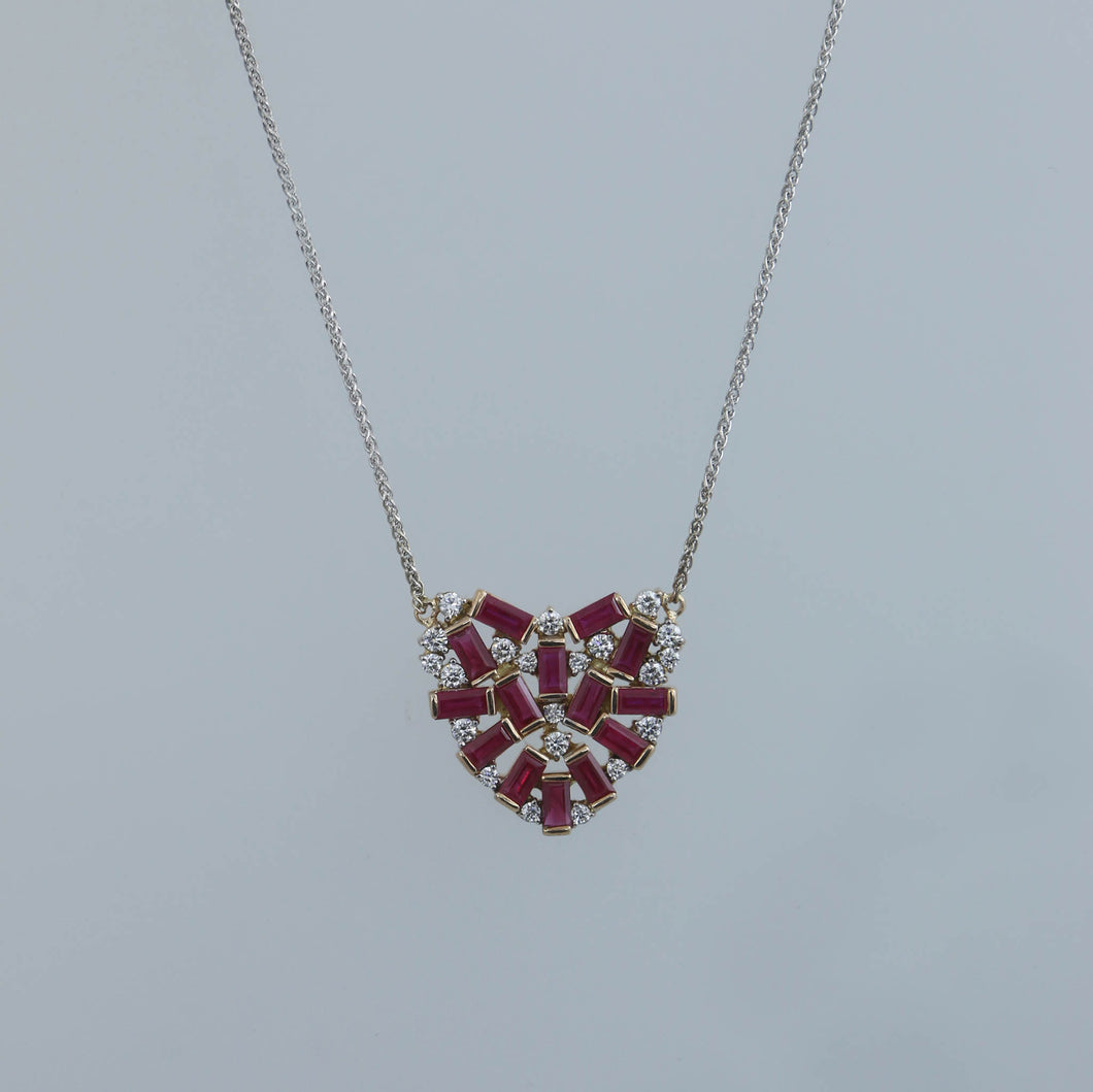Burmese Ruby Baguette and Diamond Fragment Heart Necklace