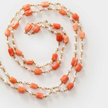 Load image into Gallery viewer, Coral Flower and Pearl Rosary Necklace Rope Length
