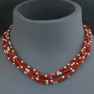 Multi Strand Sardinian Coral and Pearl Ellipse Necklace