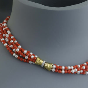 Multi Strand Sardinian Coral and Pearl Ellipse Necklace