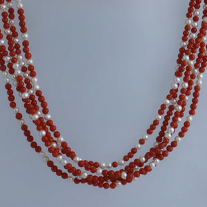 Multi Strand Sardinian Coral and Pearl Ellipse Necklace