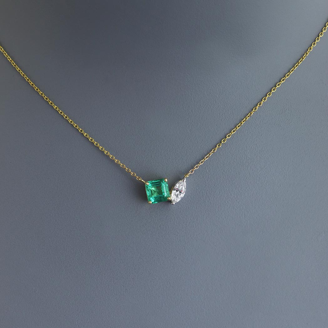 Asscher Cut Emerald and Marquise Diamond Toi et Moi Pendant