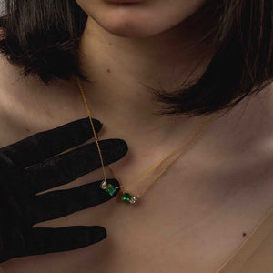 Asscher Cut Zambian Emerald and Pear Diamond Toi et Moi Pendant