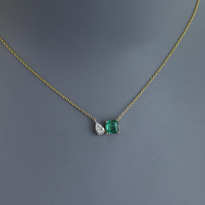 Asscher Cut Zambian Emerald and Pear Diamond Toi et Moi Pendant