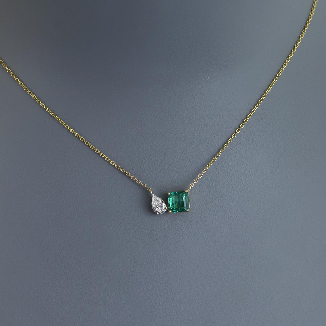 Asscher Cut Zambian Emerald and Pear Diamond Toi et Moi Pendant