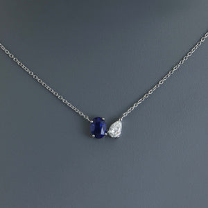 Royal Blue Sapphire and Pear Diamond Toi et Moi Necklace