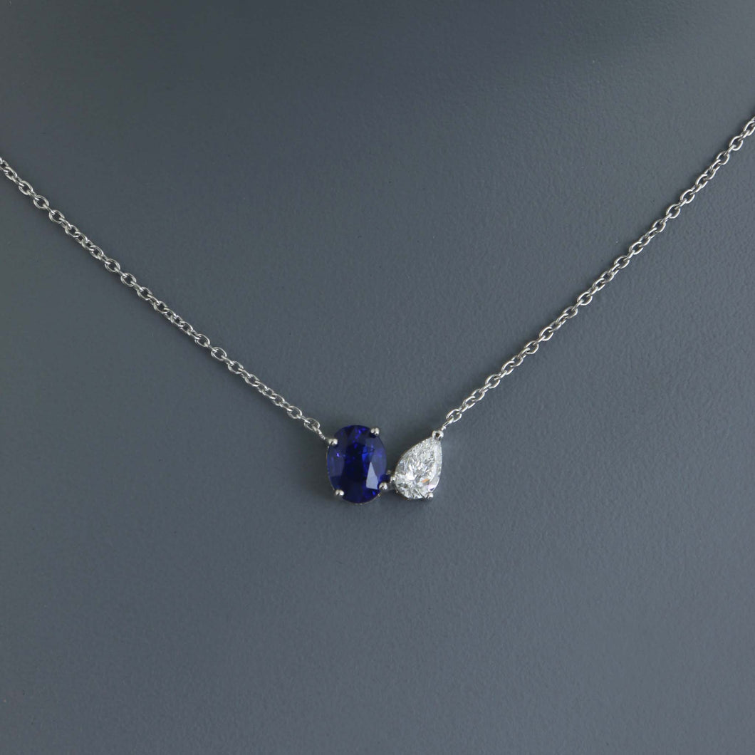 Royal Blue Sapphire and Pear Diamond Toi et Moi Necklace