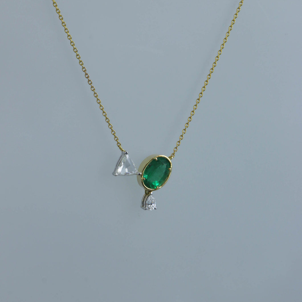 Oval Zambian Emerald and Trilliant Rose Cut Diamond Zen Necklace