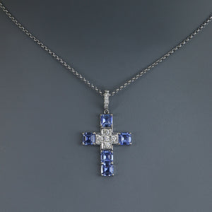 Asscher Cut Blue Sapphire Cross Pendant