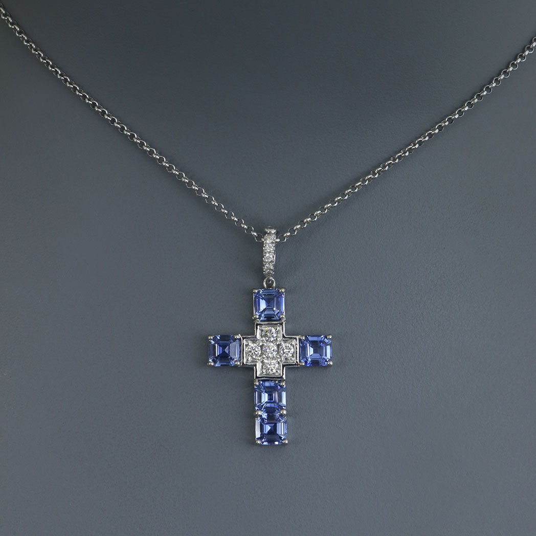 Asscher Cut Blue Sapphire Cross Pendant