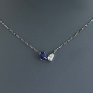Petite Royal Blue Sapphire and Pear Diamond Toi et Moi Necklace