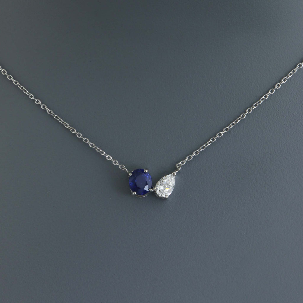 Petite Royal Blue Sapphire and Pear Diamond Toi et Moi Necklace