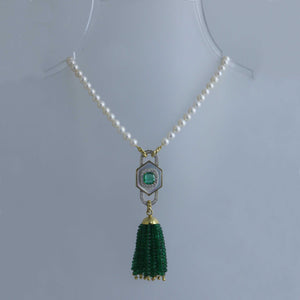 Zambian Emerald and Mother of Pearl Rosary Fringe Necklace
