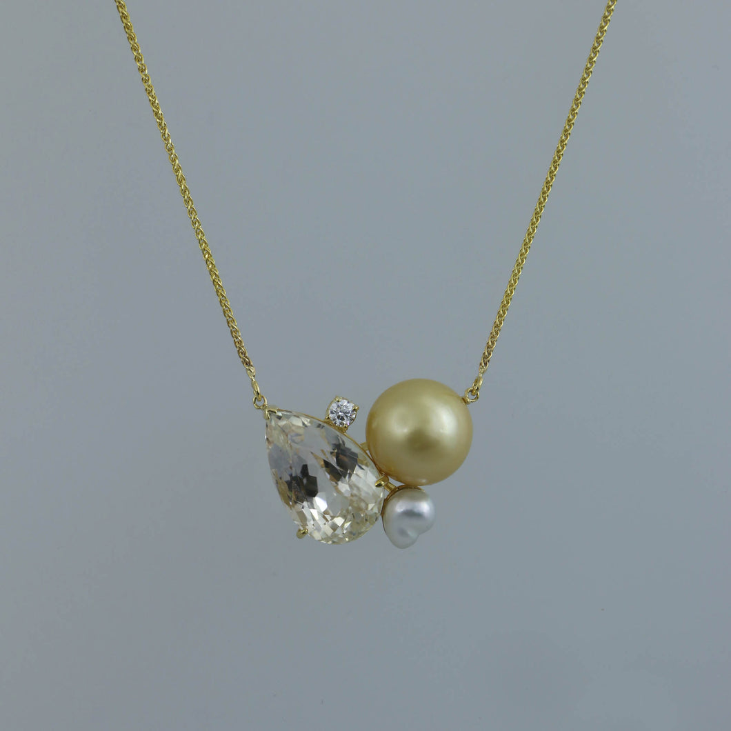 Pear Kunzite and Champagne South Sea Pearl Zen Necklace