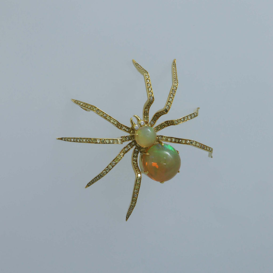 Ethiopian Opal and Fancy Yellow Diamonds Spider Brooch Pendant