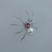 Load image into Gallery viewer, White South Sea Pearl and Pink Tourmaline Spider Brooch Pendant
