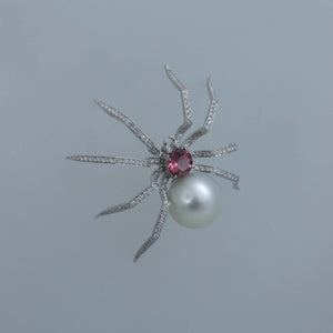 White South Sea Pearl and Pink Tourmaline Spider Brooch Pendant