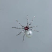 Load image into Gallery viewer, White South Sea Pearl and Pink Tourmaline Spider Brooch Pendant
