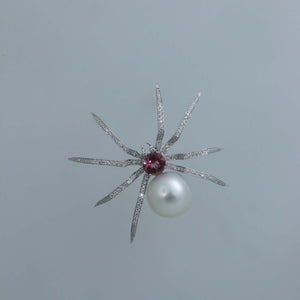 White South Sea Pearl and Pink Tourmaline Spider Brooch Pendant