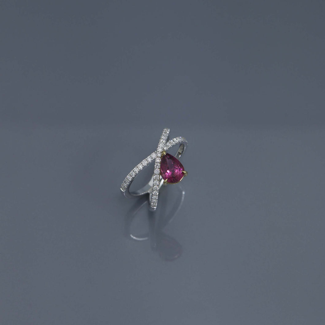 Pink Tourmaline and Diamond Pave Offset Ring