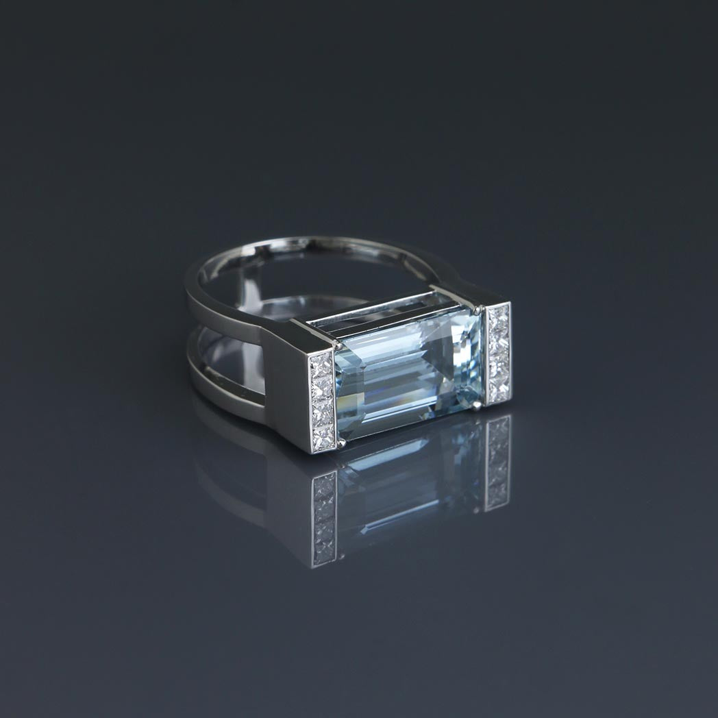 Aquamarine Ice Ring with Princess Cut Diamonds